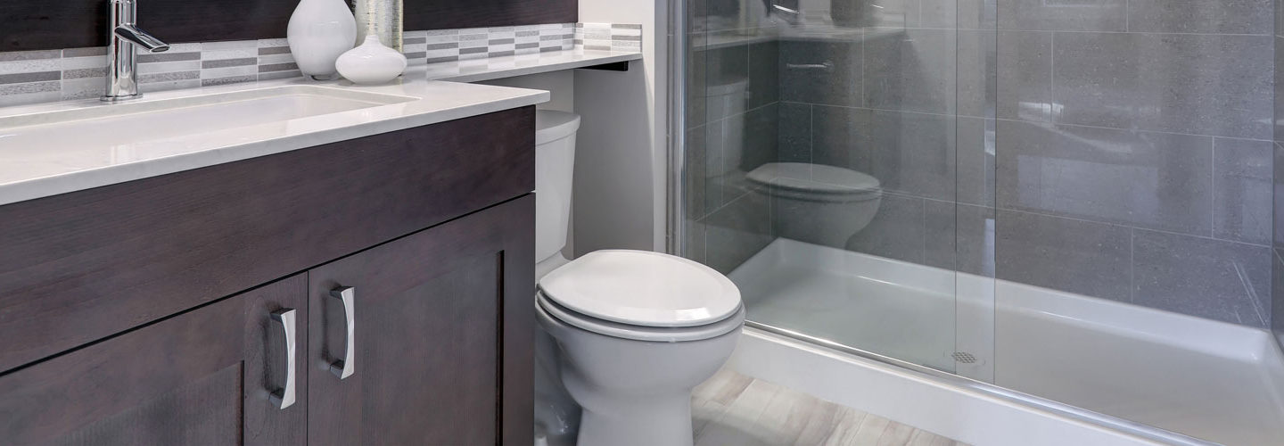 a white toilet between a walk in shower and a sink
